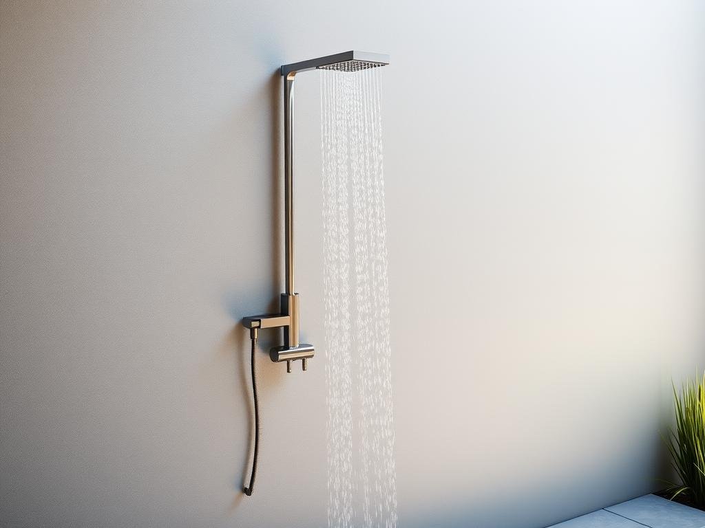 Modern wall-mounted outdoor shower with stainless steel fixtures attached to exterior house wall