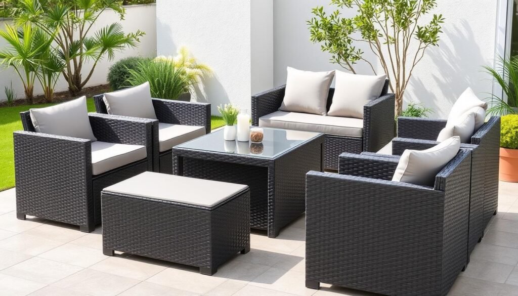 Modern wicker patio set with sleek design and comfortable cushions