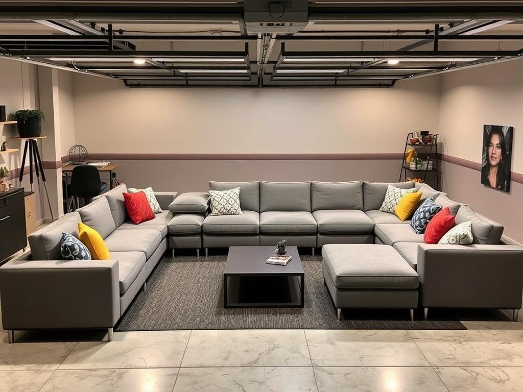 Modular furniture system in garage living space that can be reconfigured for different uses Modular furniture system in garage living space that can be reconfigured for different uses
