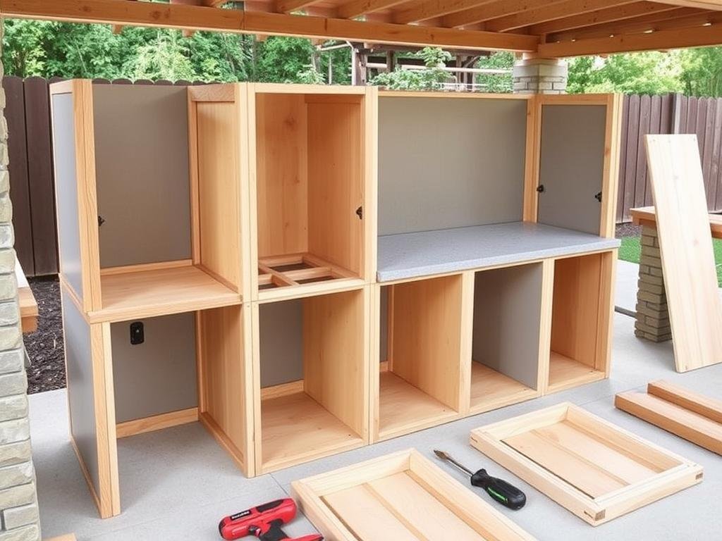 Modular outdoor kitchen kit being assembled