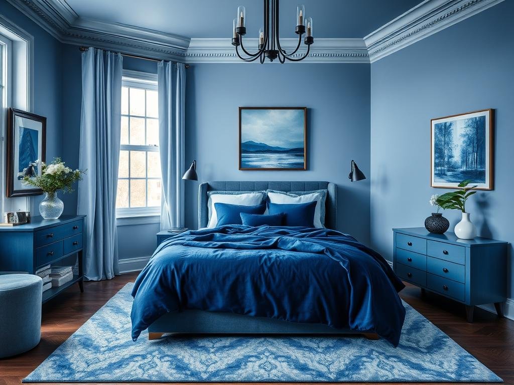 Monochromatic blue bedroom with various shades and textures