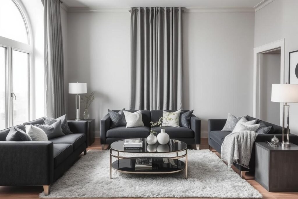 Monochromatic living room in shades of gray with textural elements Monochromatic living room in shades of gray with textural elements
