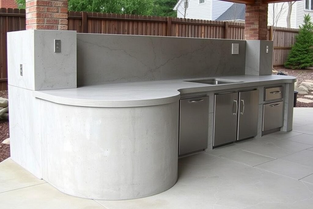 Monolithic concrete outdoor kitchen with seamless integration between base and countertop