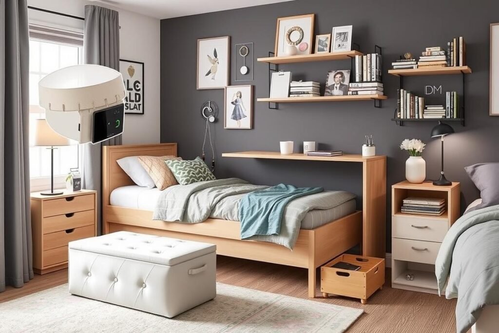 Multi-functional dorm decor including storage ottoman and desk organizer Multi-functional dorm decor including storage ottoman and desk organizer