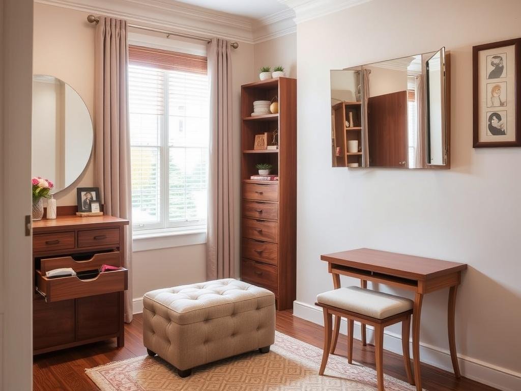 Multi-functional furniture in a small beauty room including storage ottoman
