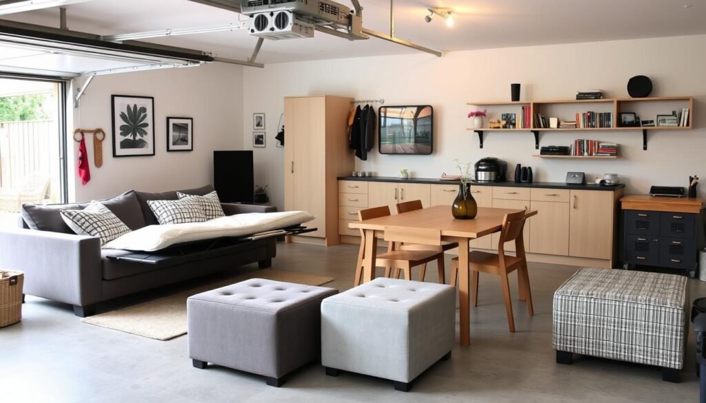 Multi-functional furniture in garage conversion showing sofa bed and folding dining table Multi-functional furniture in garage conversion showing sofa bed and folding dining table