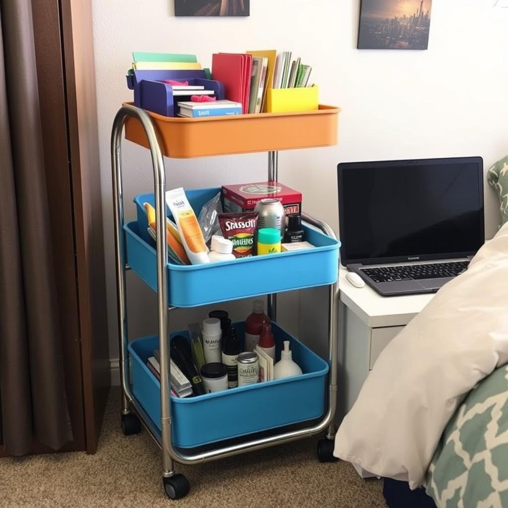 Multi-functional rolling cart used as dorm room storage Multi-functional rolling cart used as dorm room storage