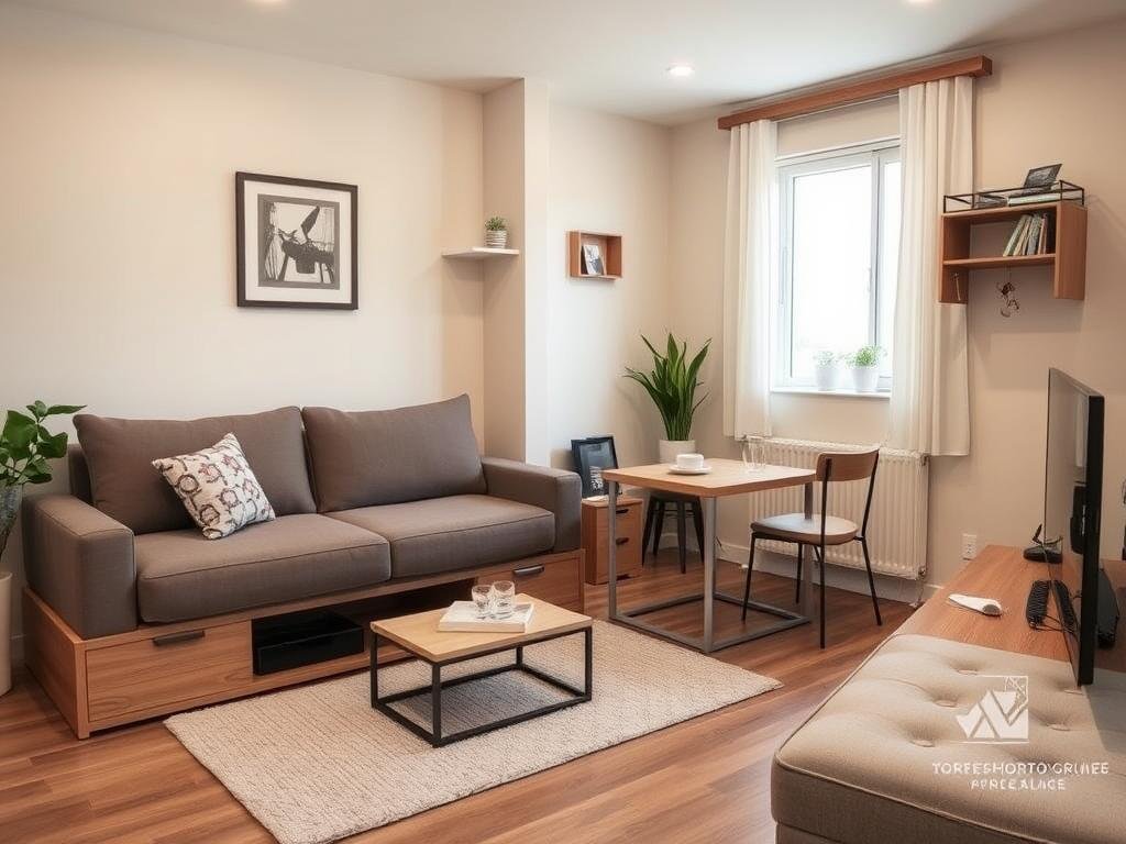 Multifunctional furniture in a small room including a storage ottoman and wall-mounted shelves Multifunctional furniture in a small room including a storage ottoman and wall-mounted shelves