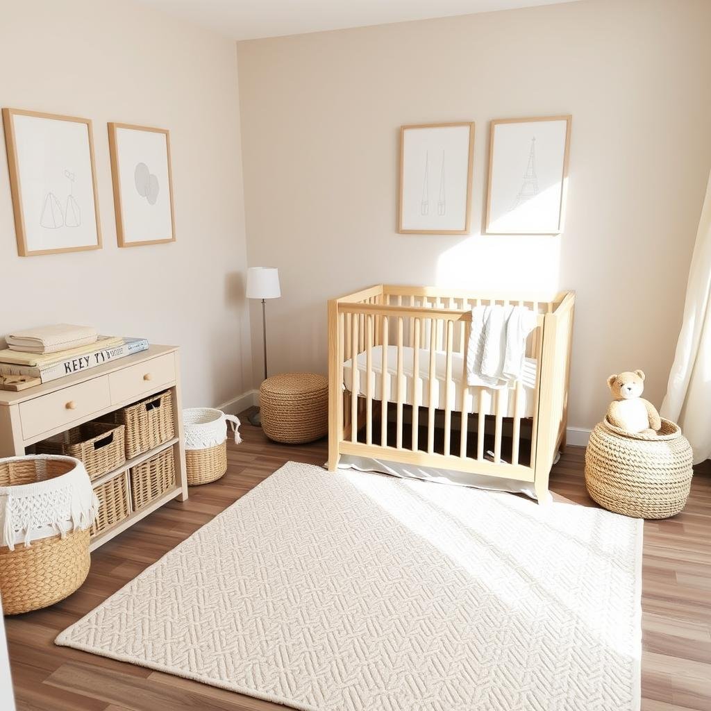 Neutral baby room with beige, cream, and white tones creating a calm atmosphere