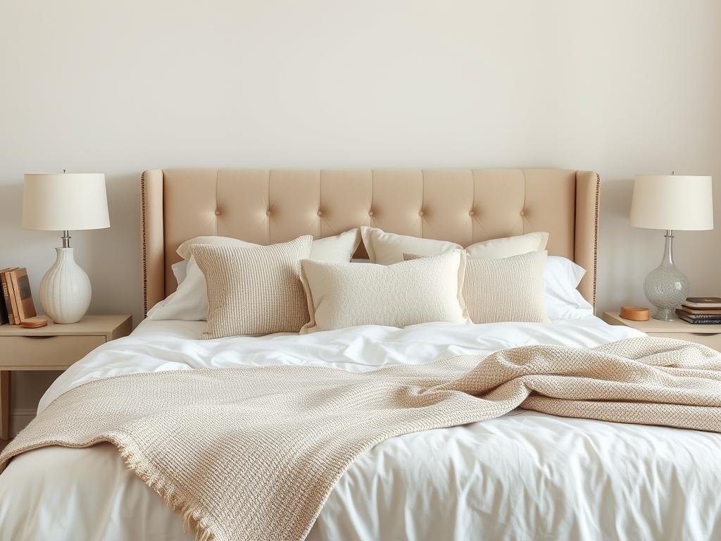 Neutral bedroom with layered textures in cream, beige and white tones
