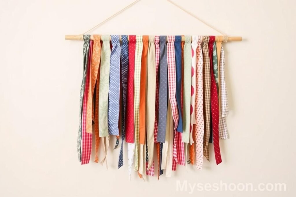 No-sew fabric wall hanging with colorful textiles on a wooden dowel, easy diy room decor for beginners No-sew fabric wall hanging with colorful textiles on a wooden dowel, easy diy room decor for beginners