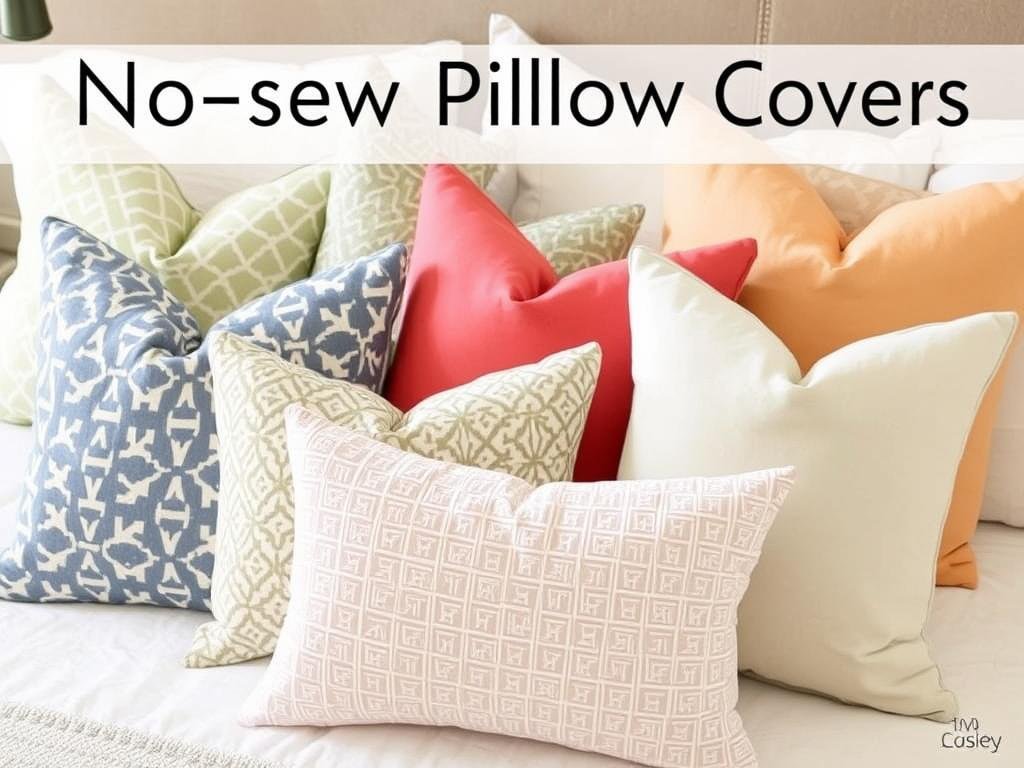 No-sew pillow covers in various patterns on a bed, easy diy room decor for instant color No-sew pillow covers in various patterns on a bed, easy diy room decor for instant color