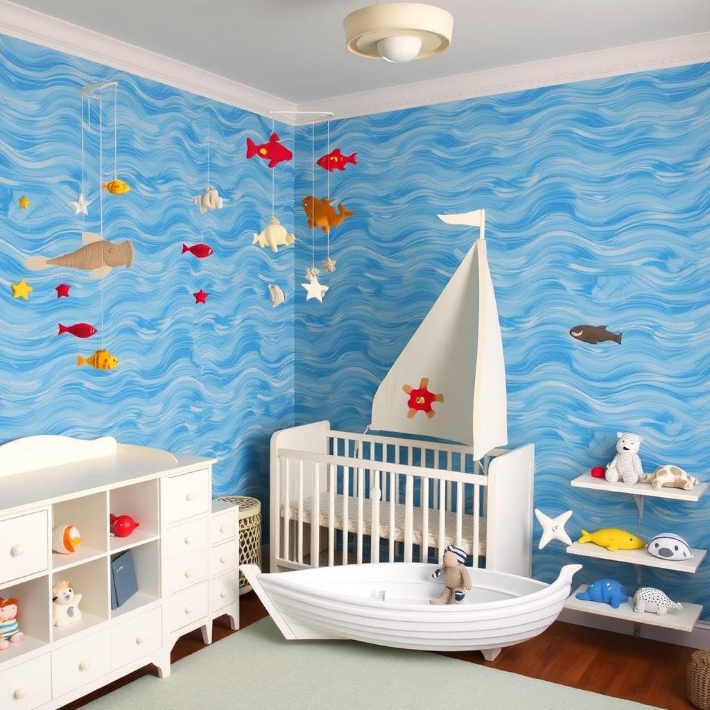 Ocean themed baby room with blue waves, sea creatures, and white furniture