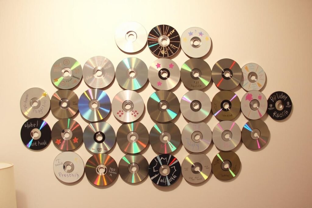 Old CDs painted with cute designs and patterns arranged on a wall Old CDs painted with cute designs and patterns arranged on a wall