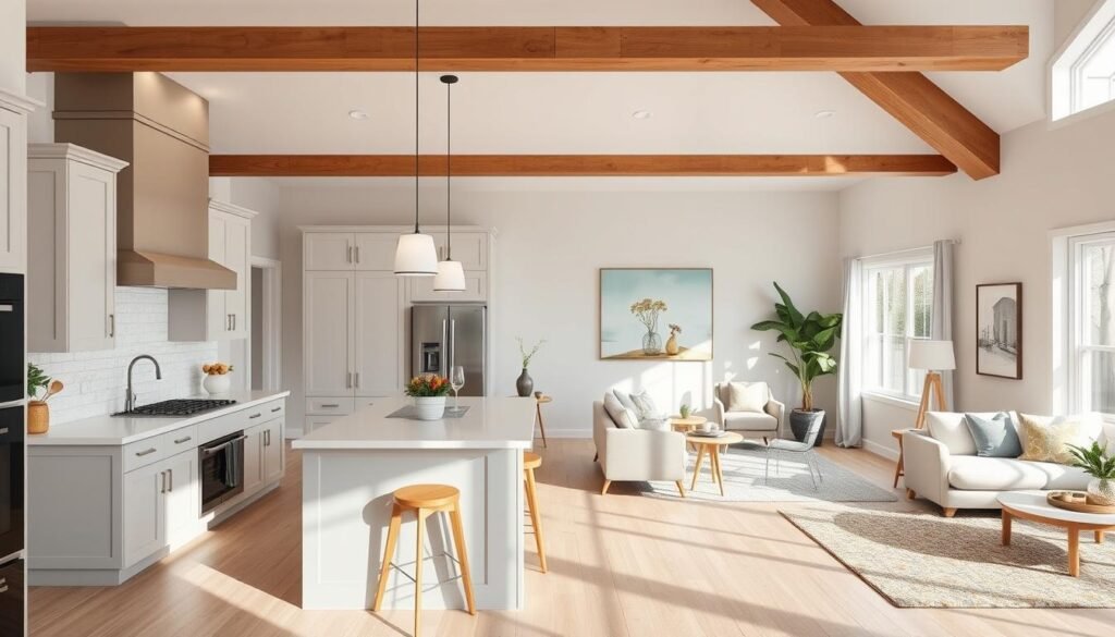 Open kitchen with cohesive color scheme flowing into living area Open kitchen with cohesive color scheme flowing into living area