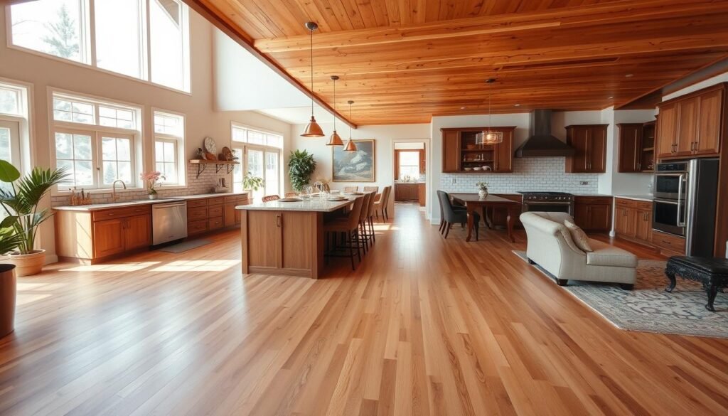 Open kitchen with continuous wood flooring throughout the space Open kitchen with continuous wood flooring throughout the space