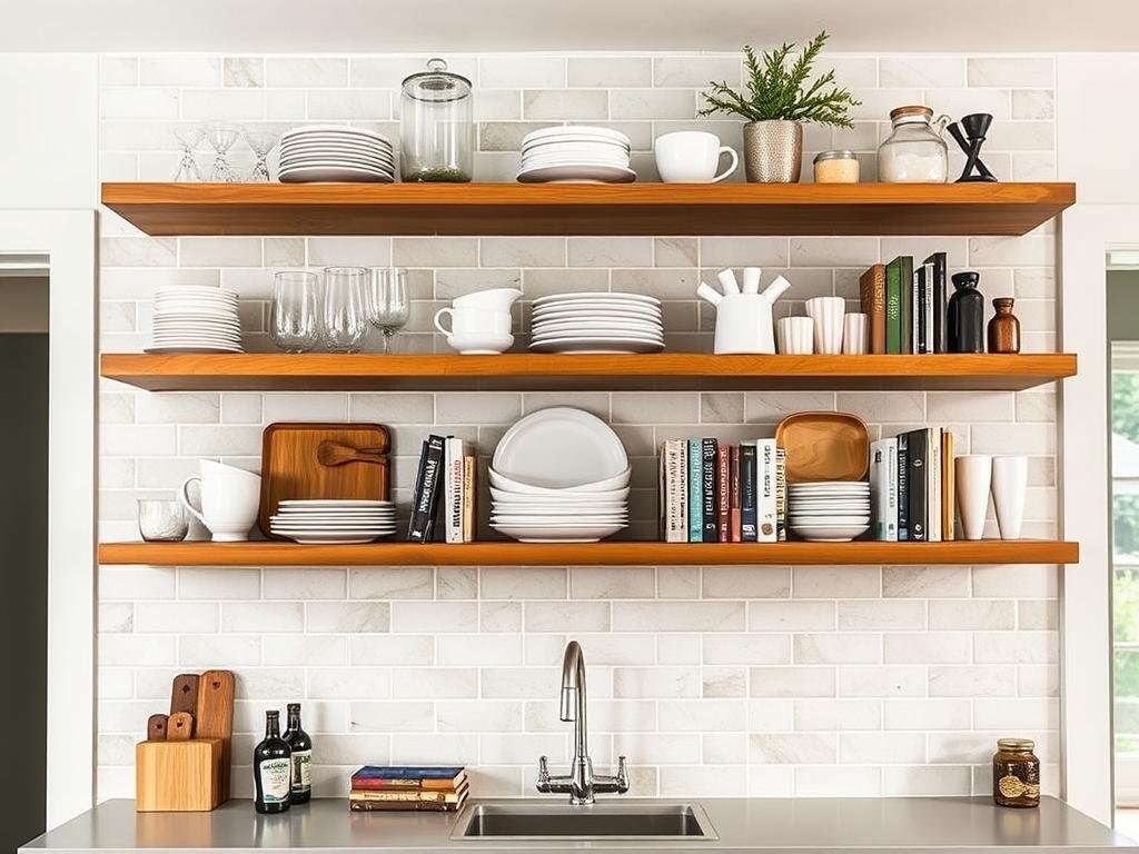Open kitchen with floating shelves displaying dishes and decor Open kitchen with floating shelves displaying dishes and decor