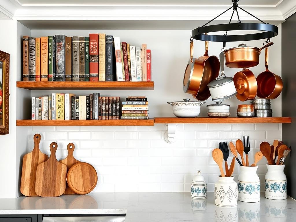 Open kitchen with functional decor including cutting boards and cookbooks Open kitchen with functional decor including cutting boards and cookbooks