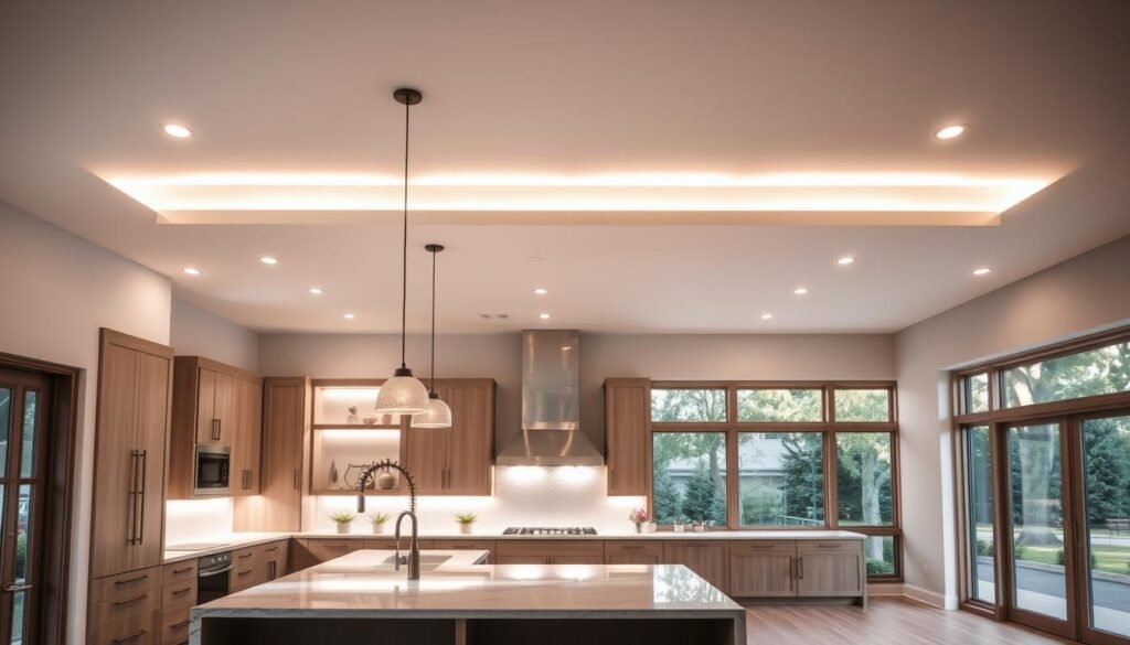Open kitchen with layered lighting including pendant lights over island Open kitchen with layered lighting including pendant lights over island