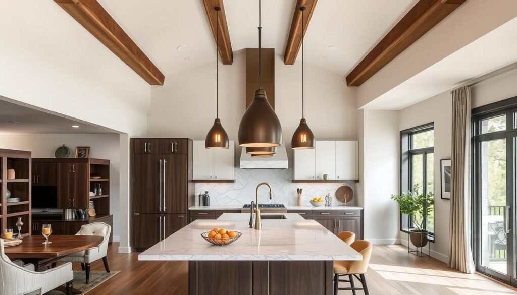 Open kitchen with statement pendant lights over island Open kitchen with statement pendant lights over island