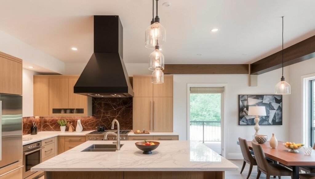 Open kitchen with statement range hood and pendant lighting Open kitchen with statement range hood and pendant lighting