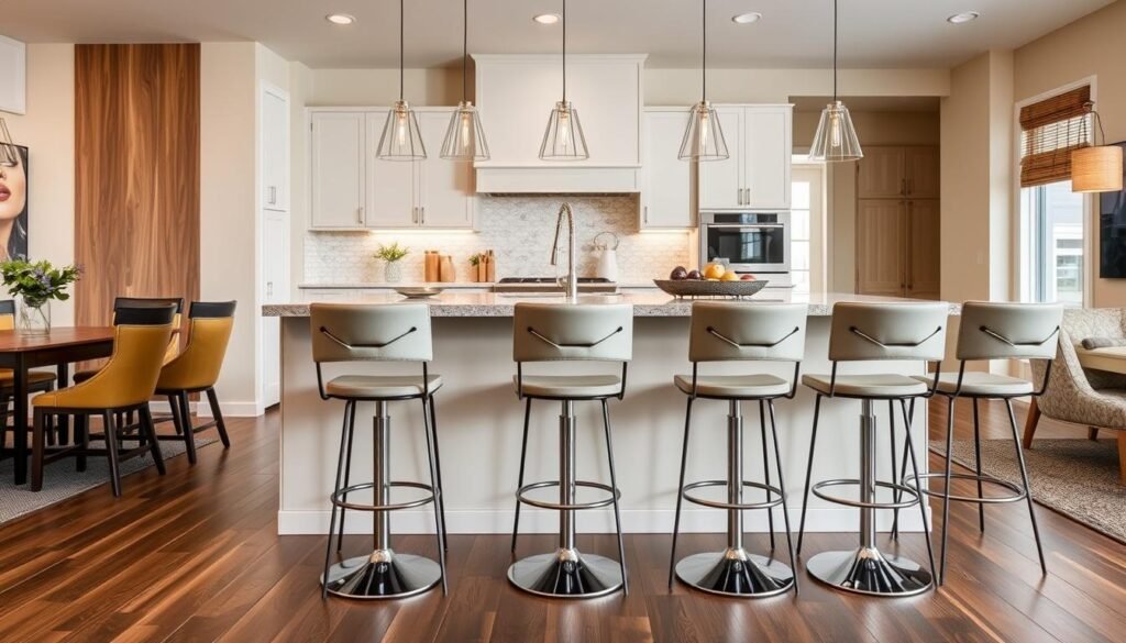 Open kitchen with stylish bar stools at the island Open kitchen with stylish bar stools at the island