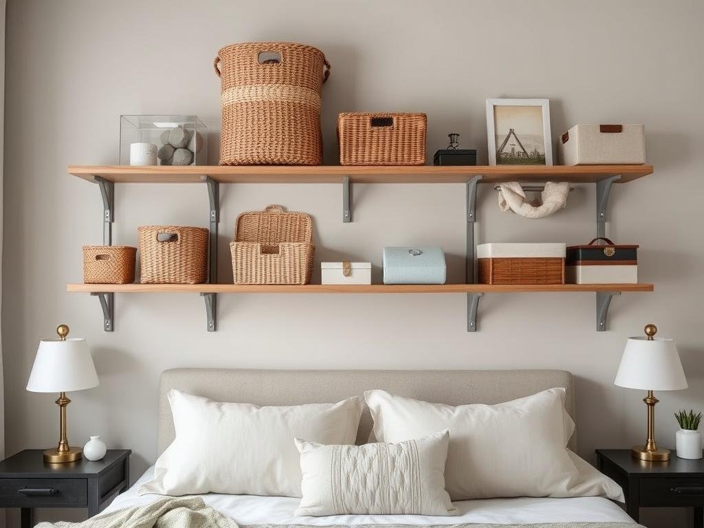 Open shelving with decorative storage boxes and baskets Open shelving with decorative storage boxes and baskets