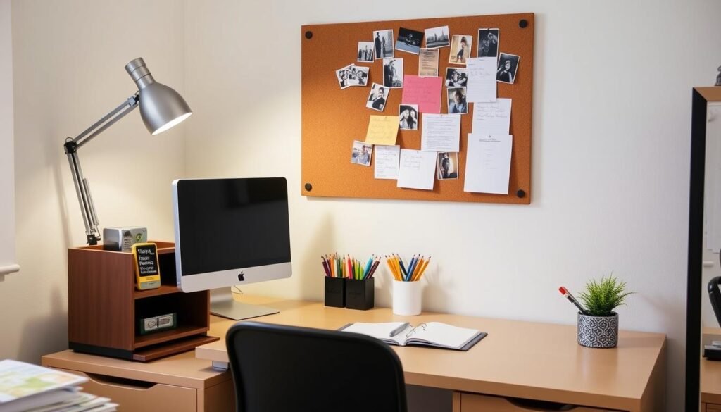 Organized dorm desk with study accessories and personal touches Organized dorm desk with study accessories and personal touches