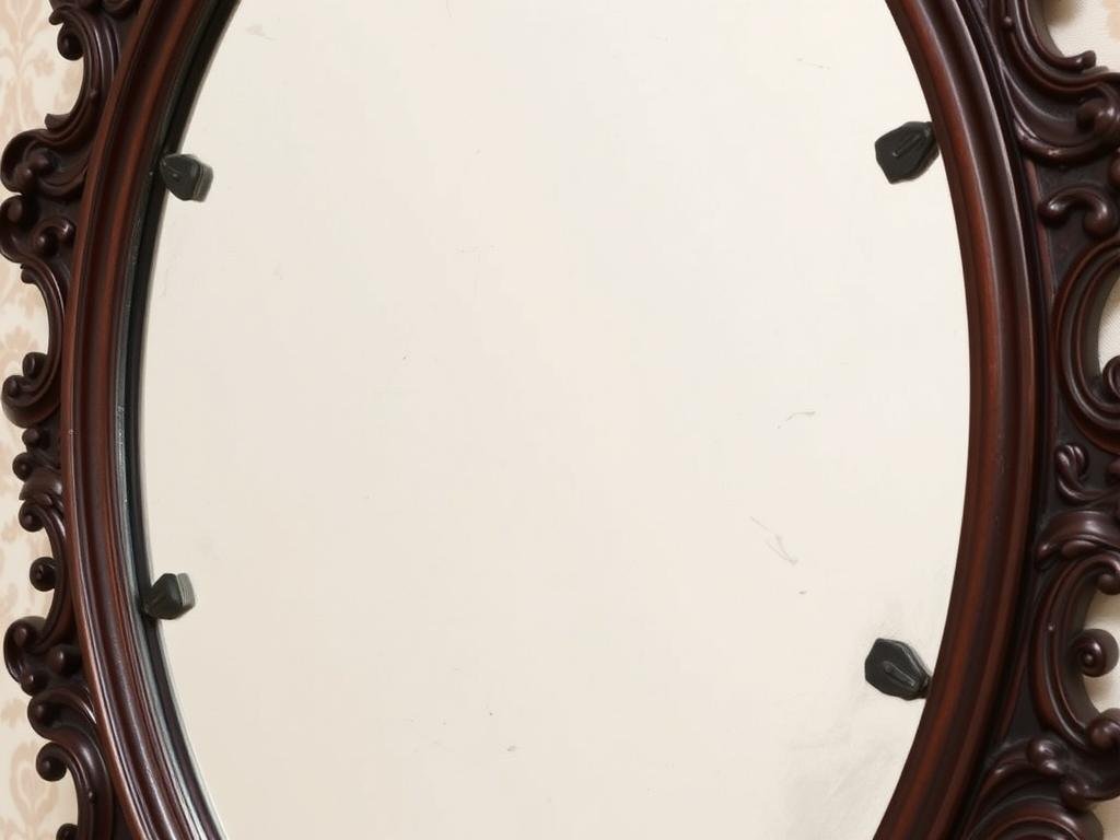 Ornate Victorian antique mirror with heavy carved wooden frame and slight foxing on the glass Ornate Victorian antique mirror with heavy carved wooden frame and slight foxing on the glass