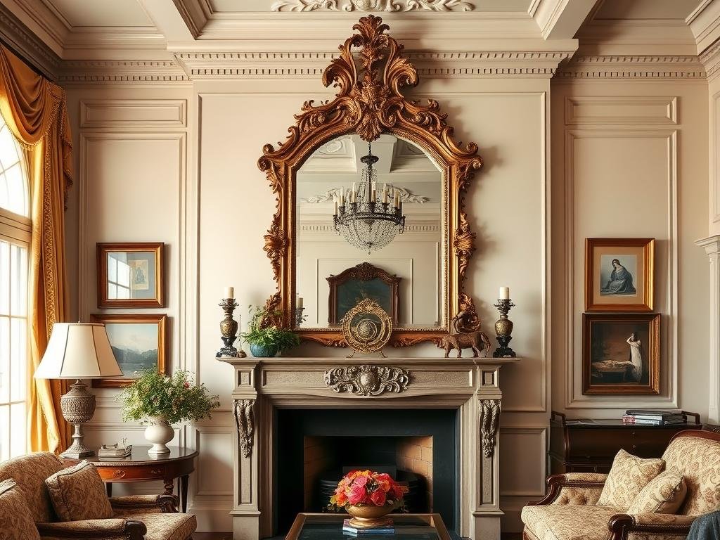 Ornate gold framed mirror in traditional living room Ornate gold framed mirror in traditional living room