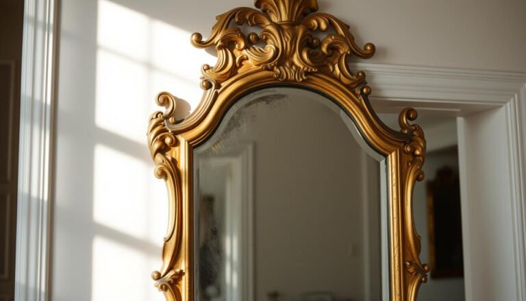 Ornate gold gilt antique mirror with aged patina reflecting soft light in an elegant entryway