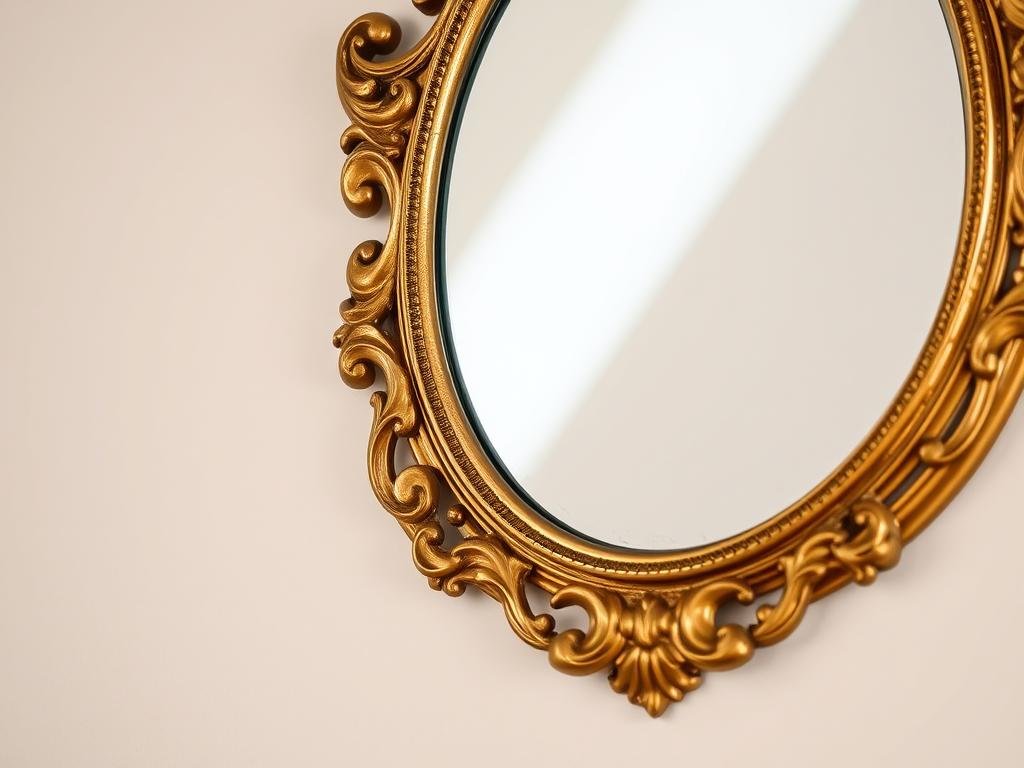 Ornate vintage gold mirror with intricate frame details hanging on a wall Ornate vintage gold mirror with intricate frame details hanging on a wall