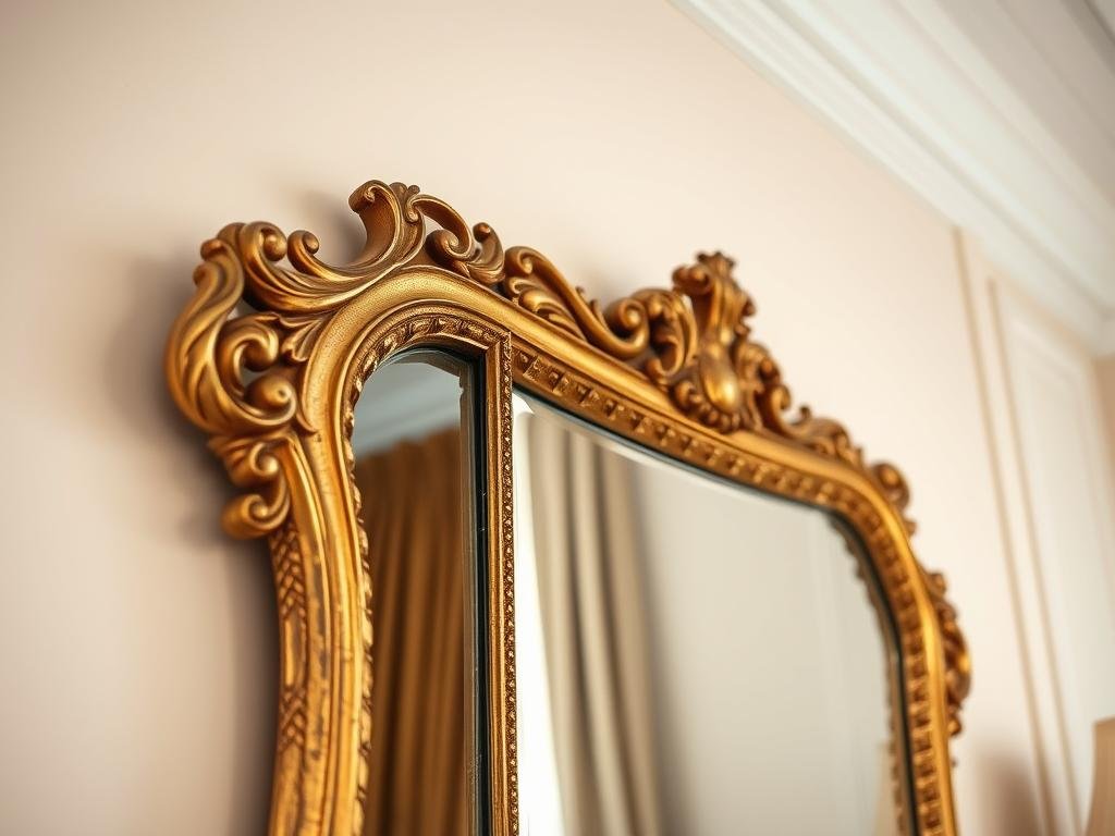 Ornate vintage mirror with gold frame in an elegant bedroom setting Ornate vintage mirror with gold frame in an elegant bedroom setting