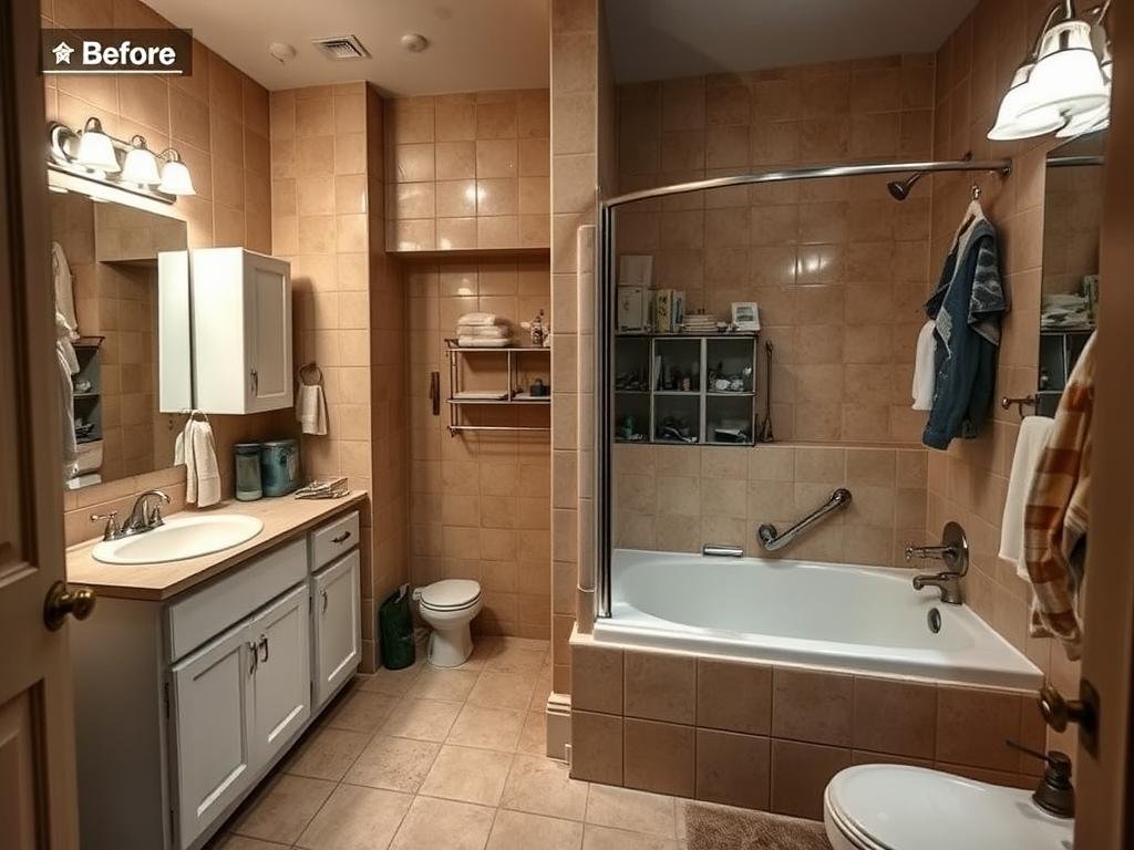 Outdated master bathroom before renovation with beige tile and bulky fixtures Outdated master bathroom before renovation with beige tile and bulky fixtures