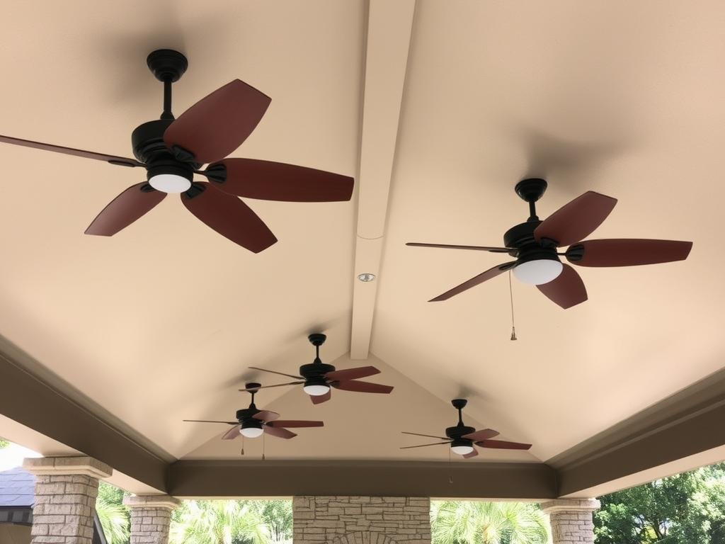 Outdoor ceiling fans and misting system in covered kitchen