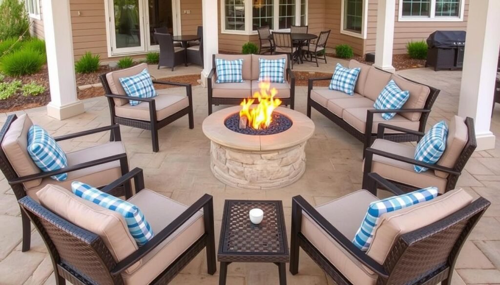 Outdoor conversation area with chairs and sofa arranged in a circle around a fire pit