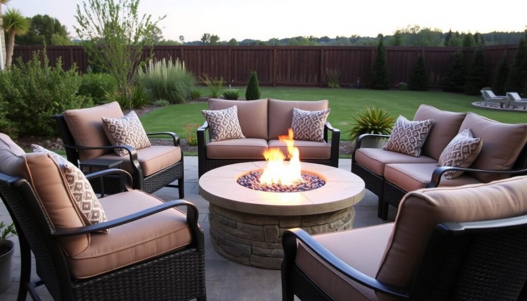 Outdoor conversation set with comfortable seating arranged around a fire pit table