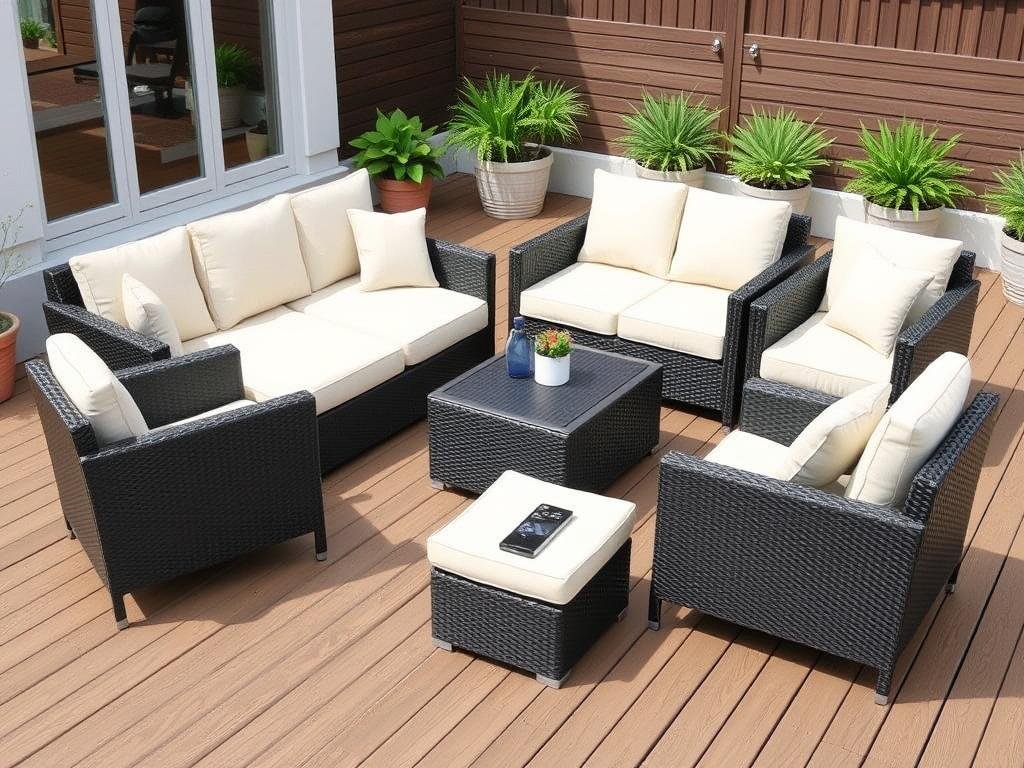 Outdoor conversation set with sofa, chairs and coffee table