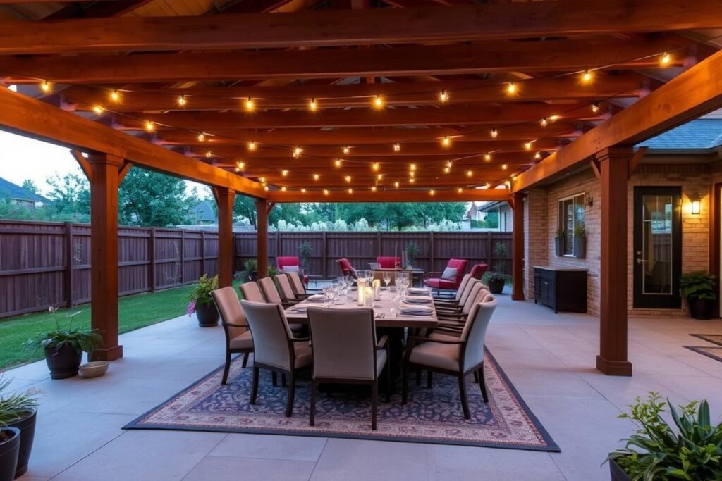 Outdoor dining area under pergola with string lights and comfortable seating