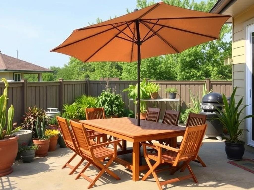 Outdoor dining area with large umbrella providing shade