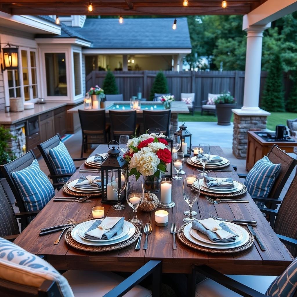Outdoor dining table with styled accessories and place settings