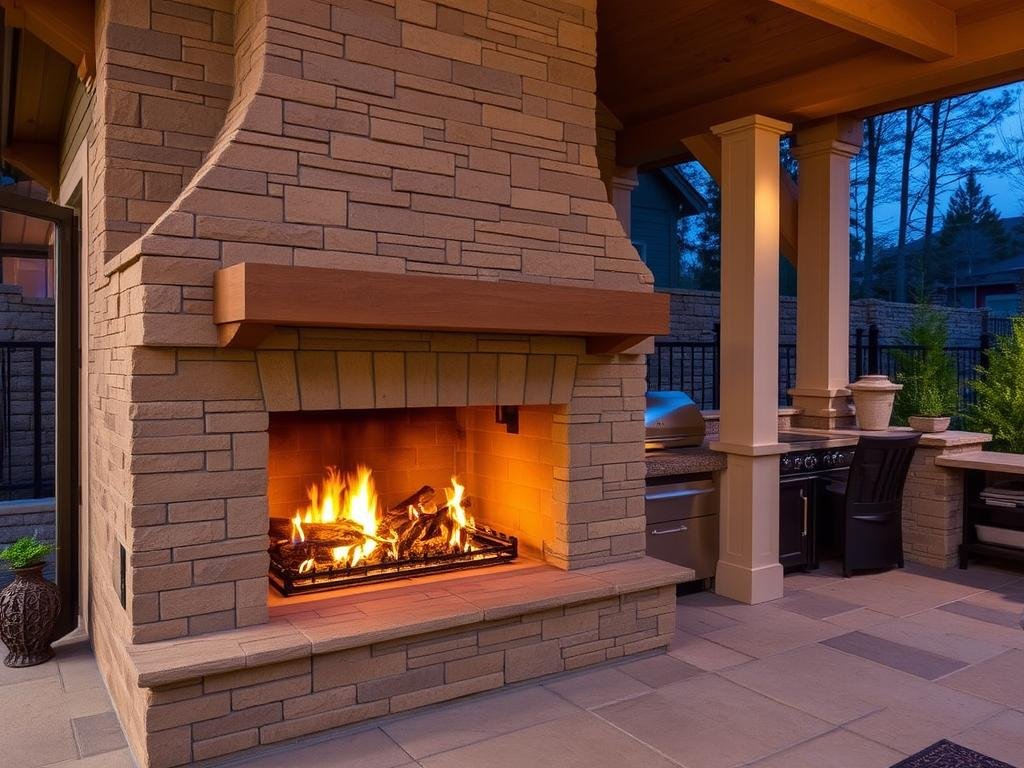 Outdoor fireplace adjacent to kitchen and dining area