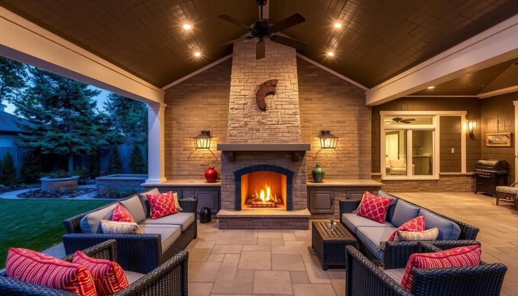 Outdoor fireplace integrated into a covered patio with comfortable seating