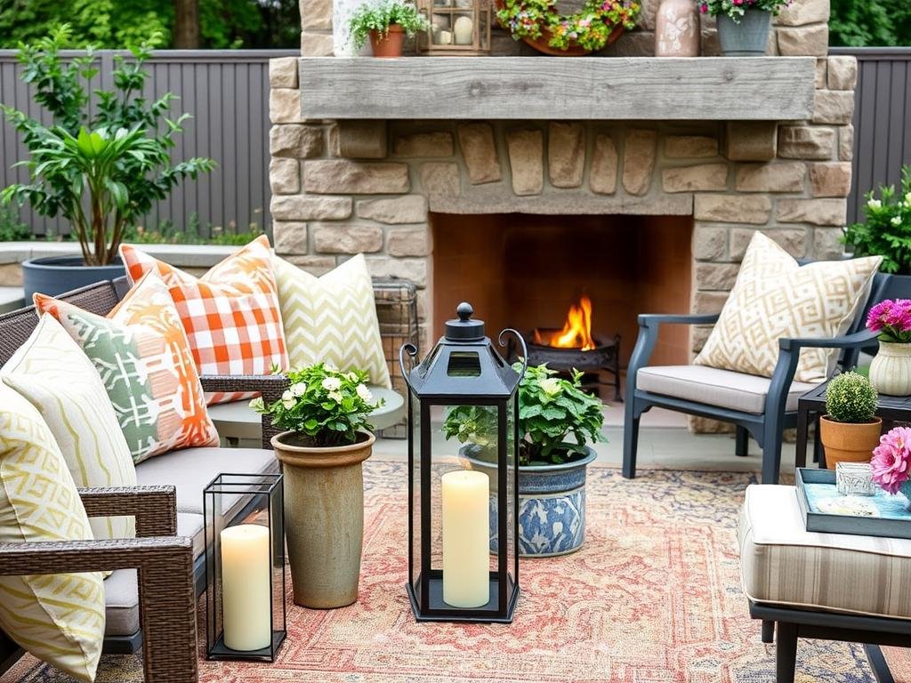 Outdoor fireplace patio with decorative accessories like pillows, lanterns, and plants