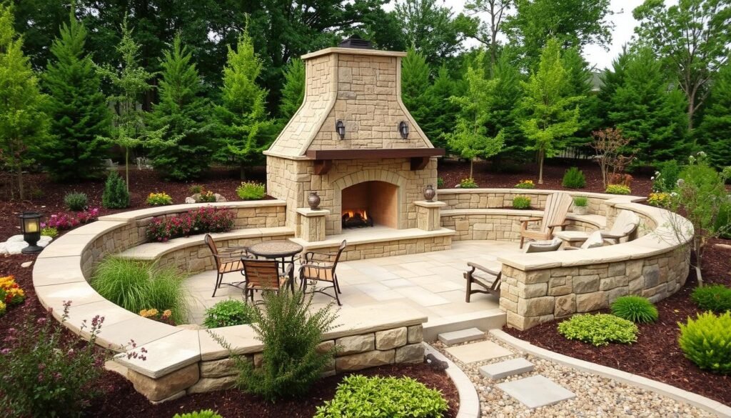 Outdoor fireplace with beautiful landscaping and hardscaping elements