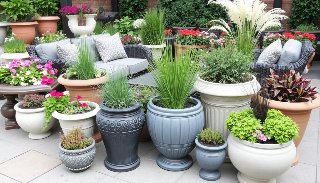 Outdoor furniture arrangement with various planters and container gardens Outdoor furniture arrangement with various planters and container gardens