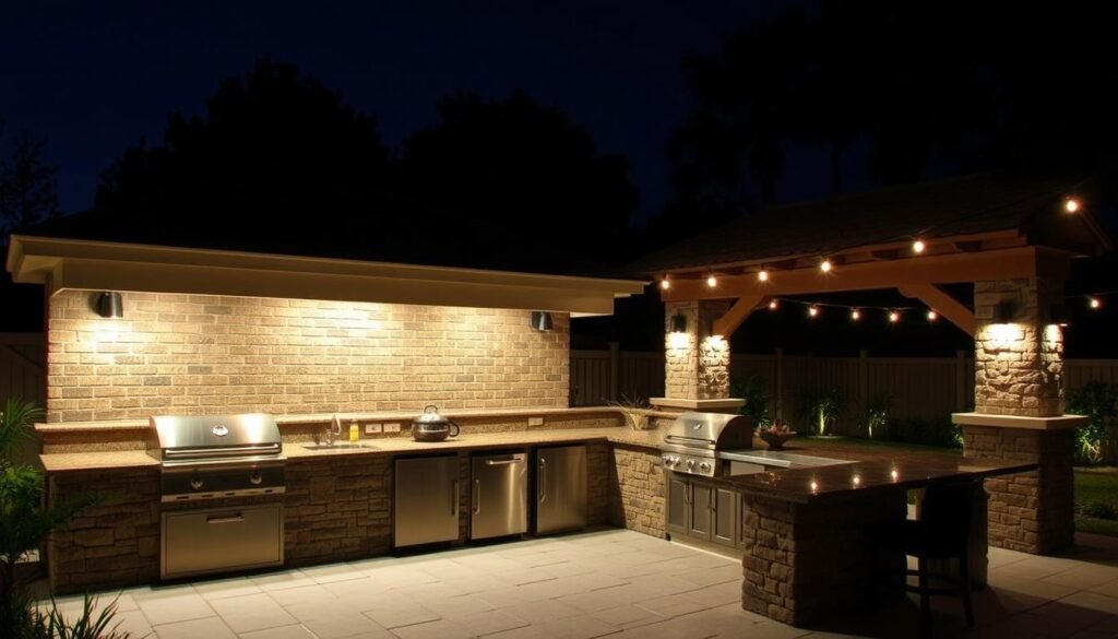 Outdoor kitchen at night with layered lighting including task, ambient and accent lights