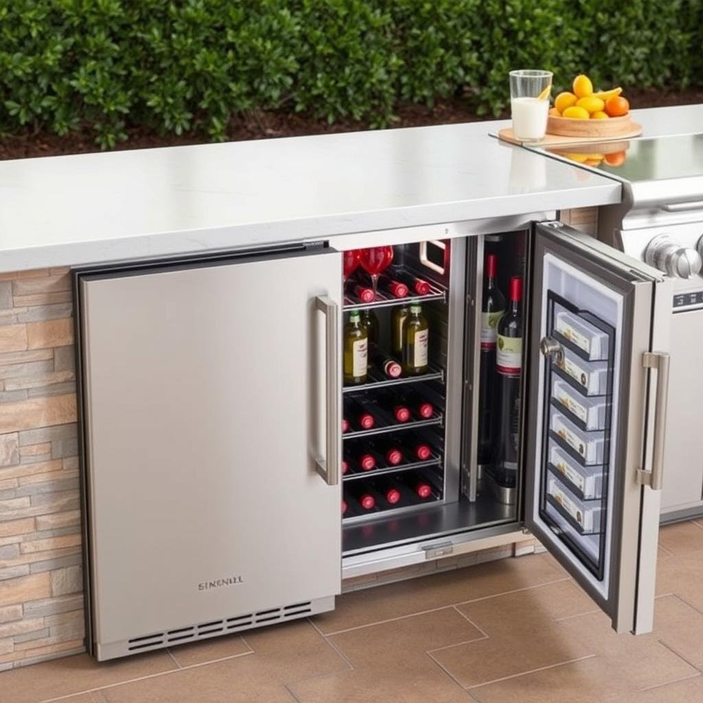 Outdoor kitchen cold zone with refrigerator and ice maker
