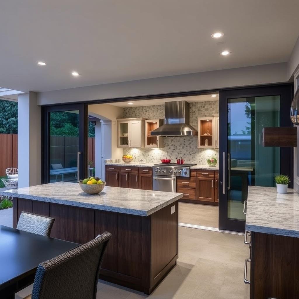 Outdoor kitchen connected to indoor kitchen through large sliding doors