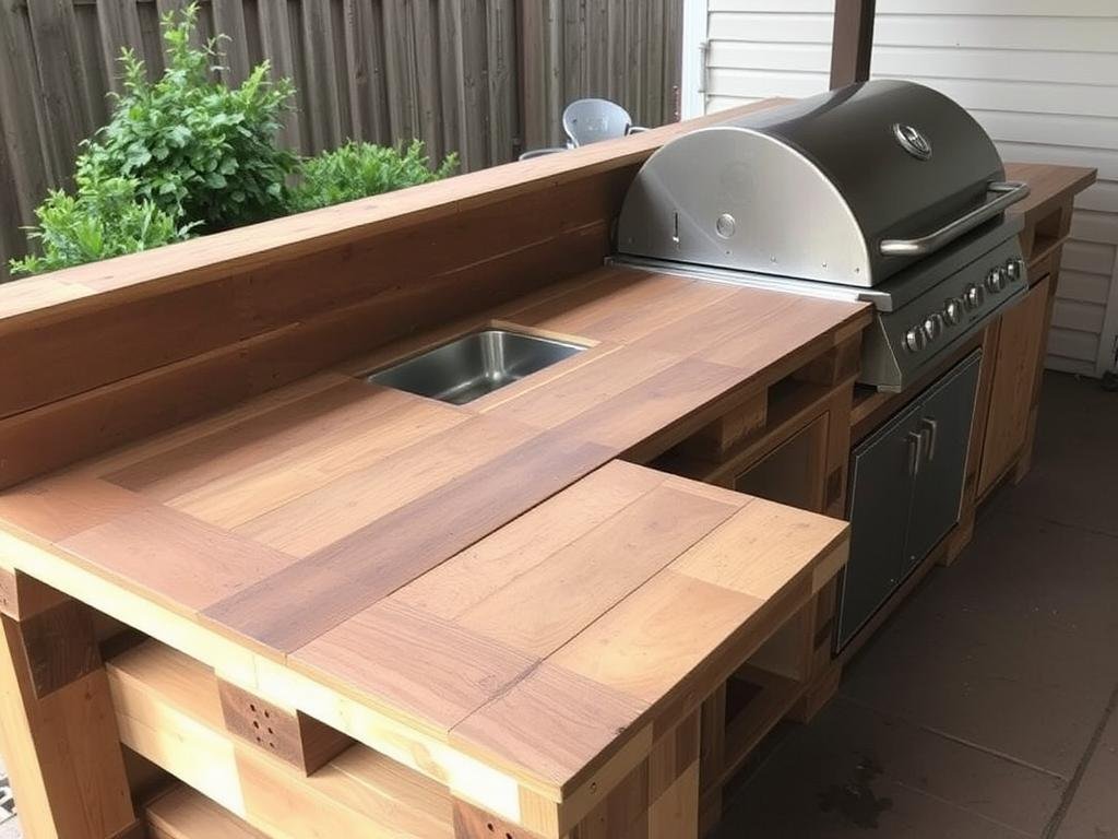 Outdoor kitchen countertop made from reclaimed wood pallets with a built-in grill